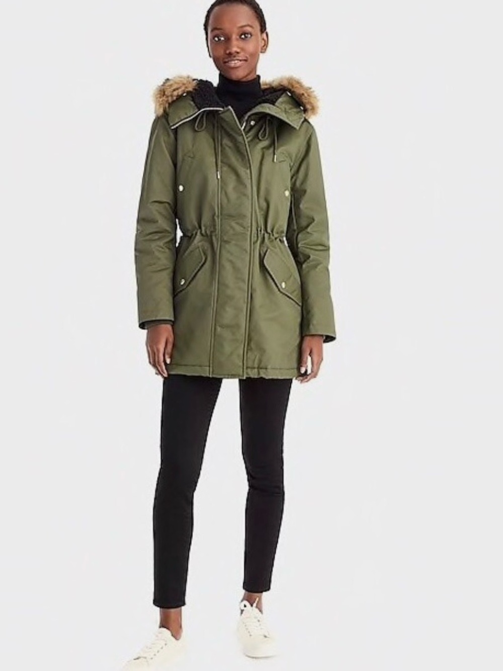 J. Crew Perfect Winter Parka H2222 Olive Green Zip Up Quilted Jacket Womens S